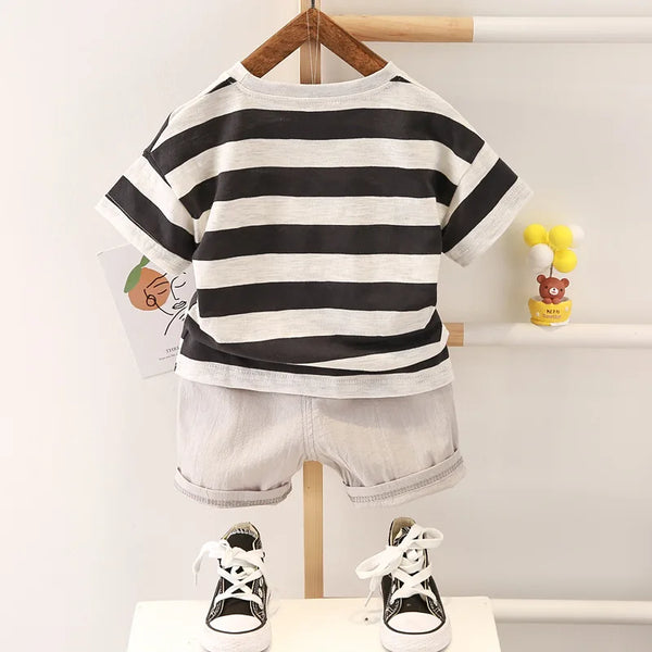 Striped Short Sleeved T Shirt + Shorts Clothing Set