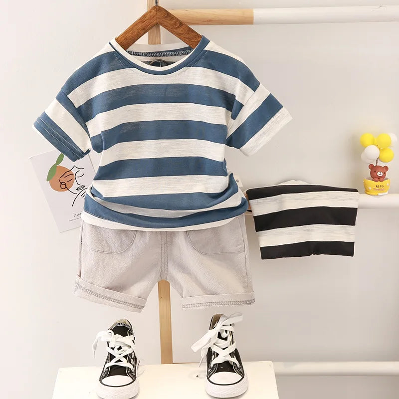 Striped Short Sleeved T Shirt + Shorts Clothing Set