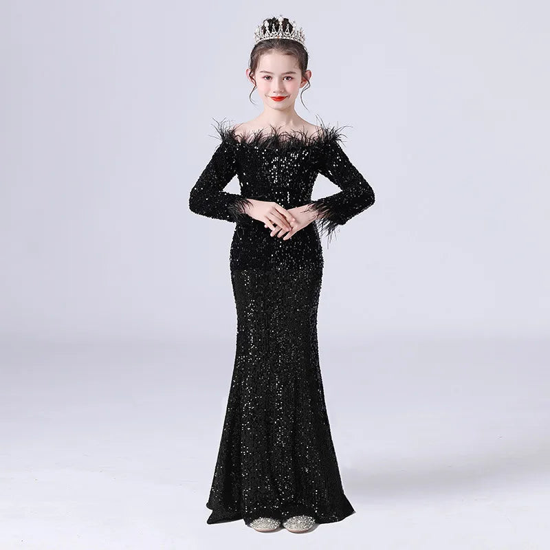 Floor Length Feather Sequin Dress