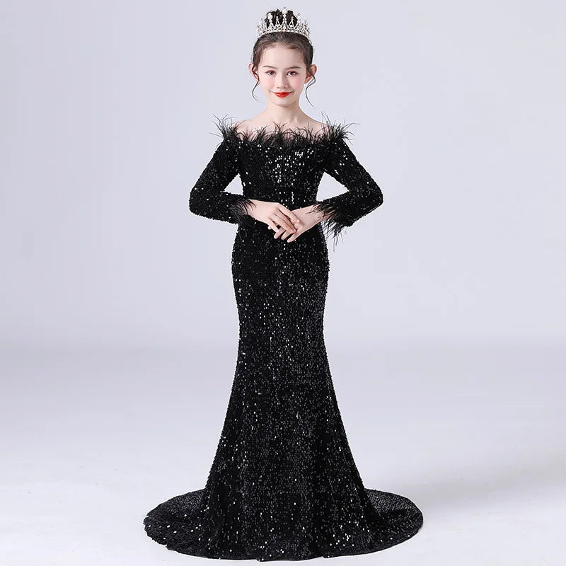 Floor Length Feather Sequin Dress