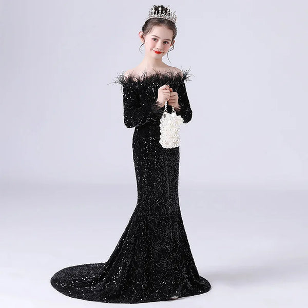 Floor Length Feather Sequin Dress